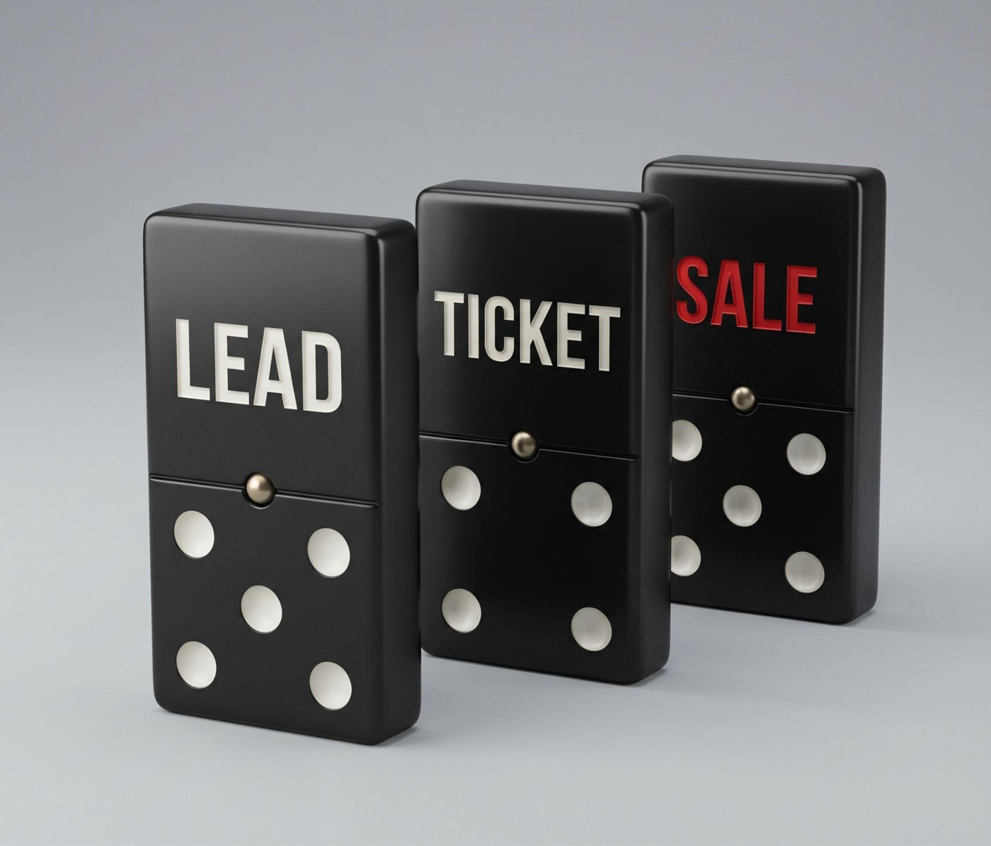 Drei Dominosteine mit den Aufschriften Lead, Ticket und Sale